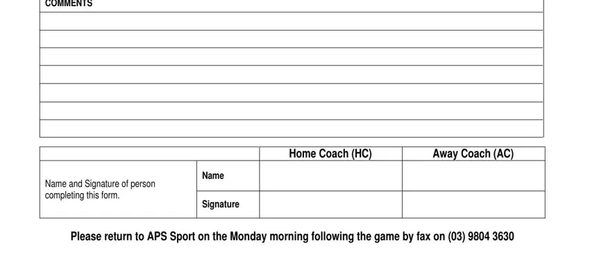 Name and Signature of person, Signature, and COMMENTS in netball score sheet example