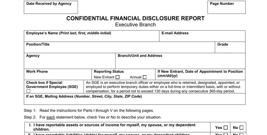 CONFIDENTIAL FINANCIAL DISCLOSURE, Form Approved OMB No  Page Number, and Check box if Special Government inside oge financial online