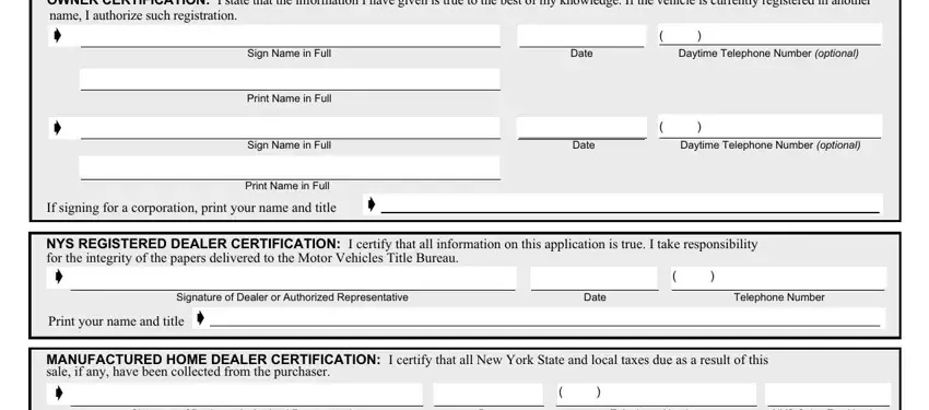 Daytime Telephone Number optional, Print Name in Full, and NYS REGISTERED DEALER of nys
