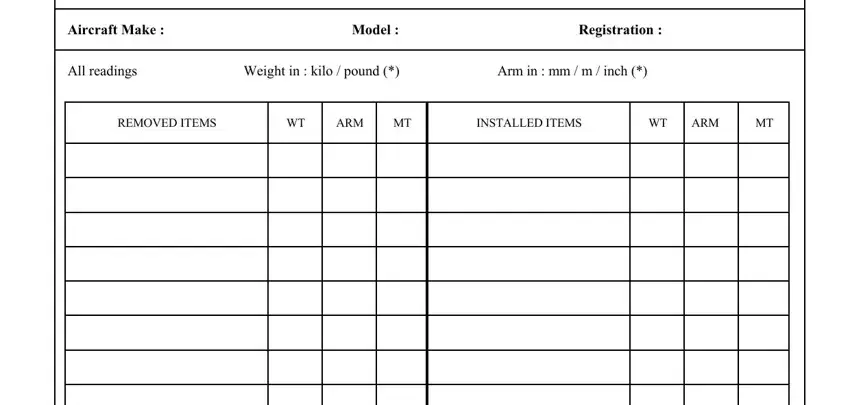 Filling in section 1 of blank weight and balance form
