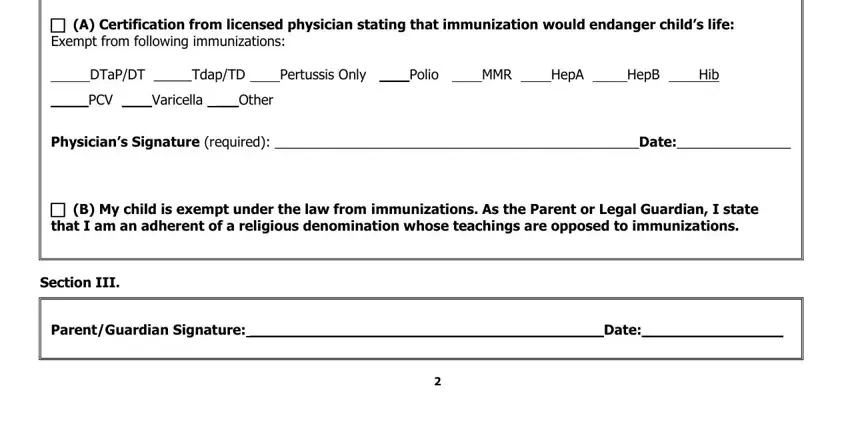 Section III, PCV Varicella Other, and Section II Complete this section of kansas 029 child care form