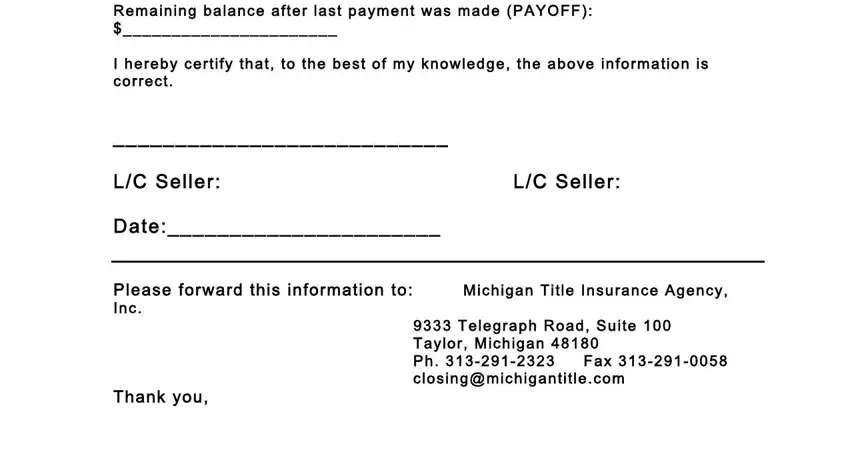M ichigan Title Insurance Agency, Telegraph Road Suite  Taylor M, and LC Seller of sample payoff letter for land contract