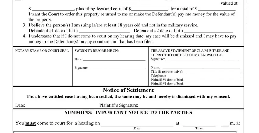Notice of Settlement, I believe the persons I am suing, and NOTARY STAMP OR COURT SEAL of sample of state of minnesota completed cct102 form