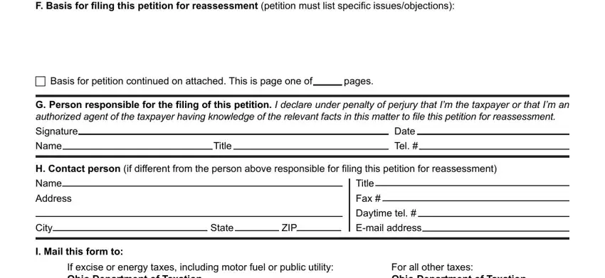 Address, Email address, and Basis for petition continued on in Ohio Petition For Reassessment Form