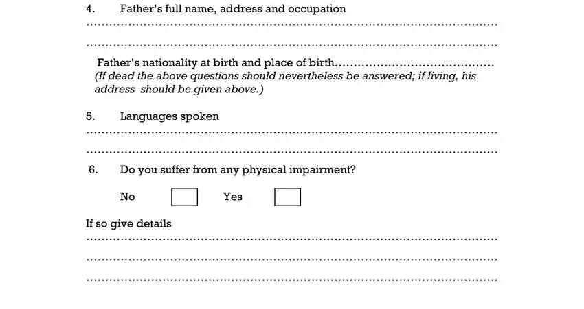 Fathers full name address and, If so give details, and Yes inside judiciary jobs