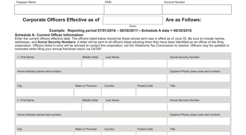 Corporate Officers Effective as of, Account Number, and First Name inside okla form 200f