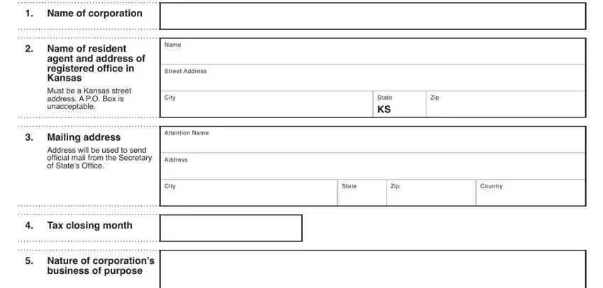 Stage no. 1 in filling out kansas corporation articles incorporation