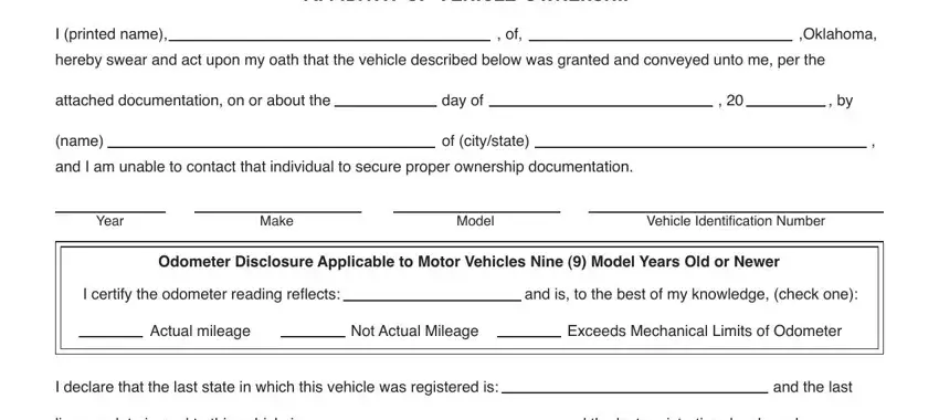 Completing section 1 in adifidavit of buying car from owner