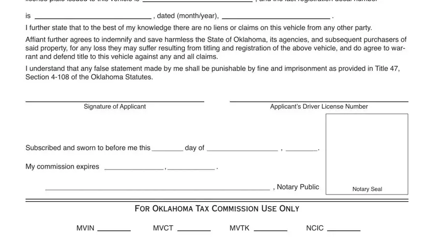 For Oklahoma Tax Commission Use, My commission expires, and dated monthyear inside adifidavit of buying car from owner