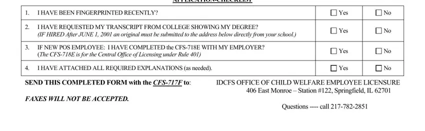 APPLICATIONCHECKLIST, IDCFS OFFICE OF CHILD WELFARE, and Yes of Form Cfs 717 G