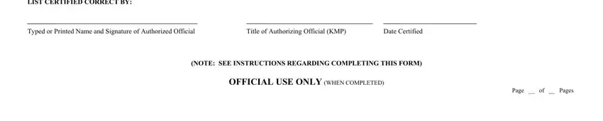 Date Certified, Title of Authorizing Official KMP, and Page  of  Pages in kmp form