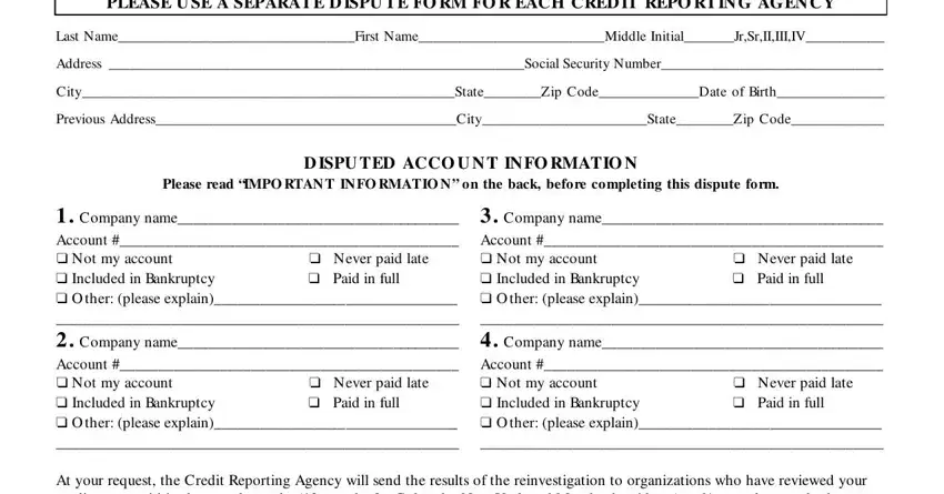 Filling out section 1 in credit bureau forms for dispute