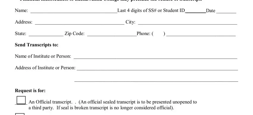 Step no. 1 of filling in lackawanna college transcript request form