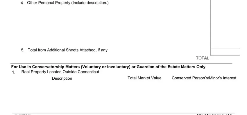 Real Property Located Outside, PC Page  of, and Total from Additional Sheets inside ctprobate gov forms pc 440 inventory