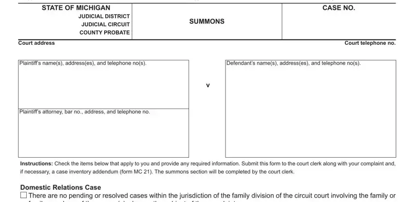 Part no. 1 for submitting mi summons form