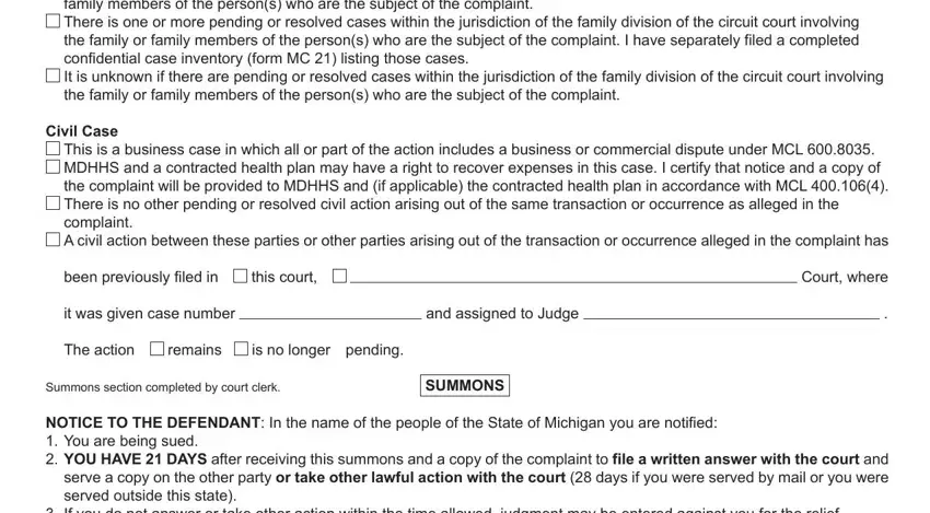 The action, It is unknown if there are pending, and This is a business case in which in mi summons form
