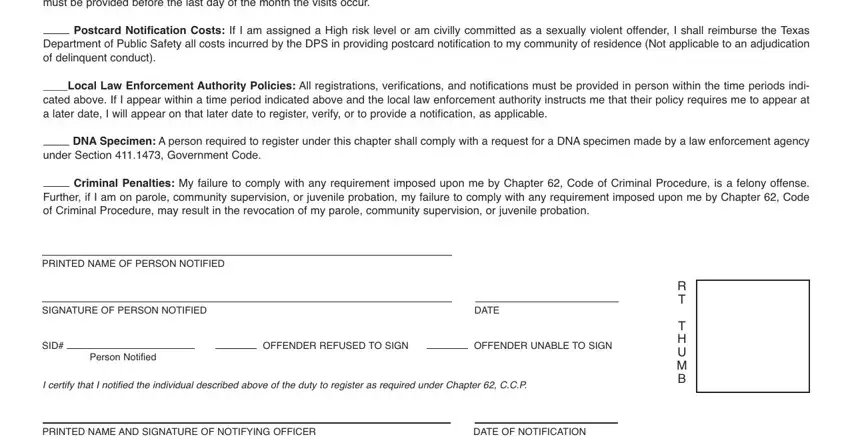 OFFENDER UNABLE TO SIGN, OFFENDER REFUSED TO SIGN, and Visiting Locations If on at least of texas dps pre releasenotification form cr 32