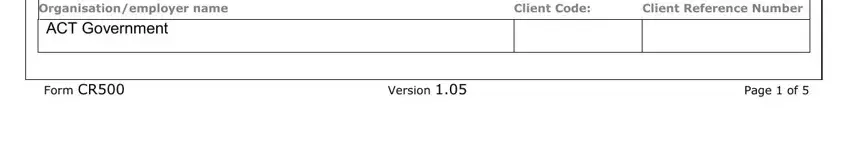 Client Reference Number, Organisationemployer name, and ACT Government of Form Cr500