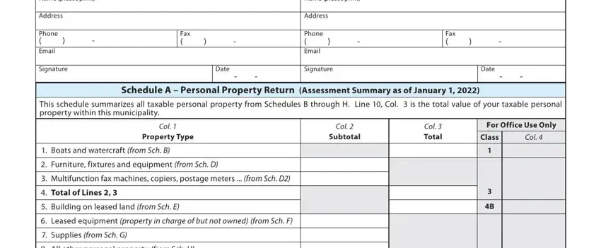 Preparer Name please print, Schedule A  Personal Property, and Signature inside Pa 003 Form