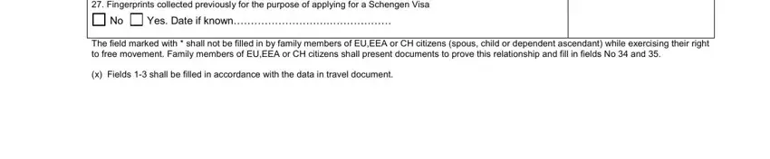 The field marked with  shall not, Yes Date if known, and Fingerprints collected previously inside sweden schengen visa application form