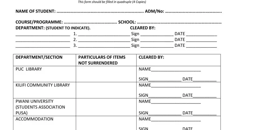 COURSEPROGRAMME  SCHOOL, NAME OF STUDENT  ADMNo, and CLEARED BY of pu portal