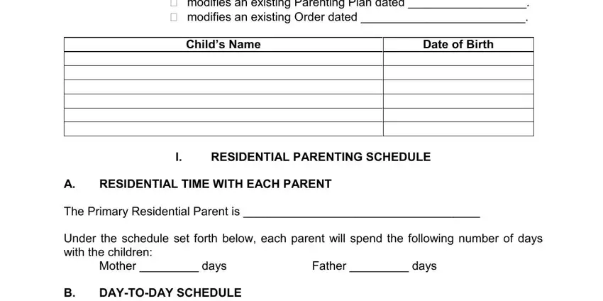 Mother  days, RESIDENTIAL TIME WITH EACH PARENT, and Father  days of parenting plan