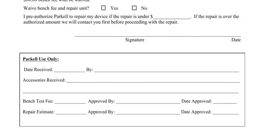 Repair Estimate  Approved By  Date, Date Received  By, and I preauthorize Parkell to repair inside parkell label for repair