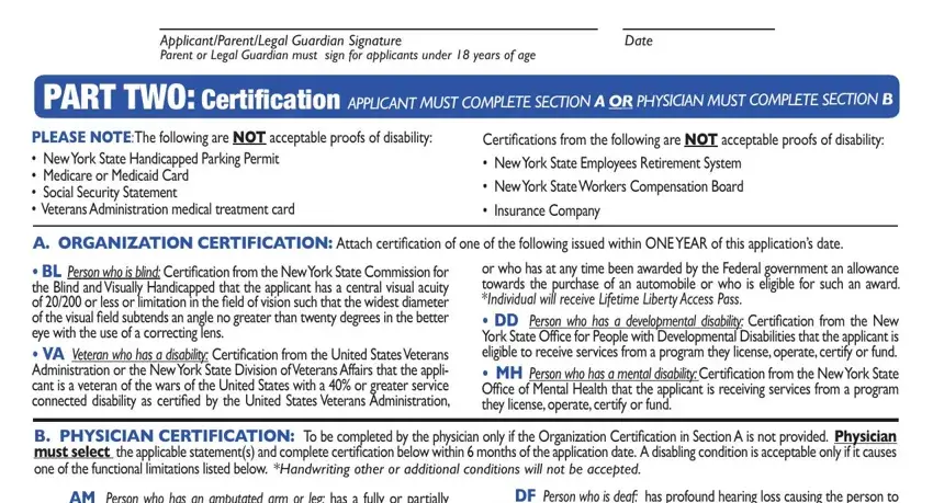 Date, AM Person who has an amputated, and A ORGANIZATION CERTIFICATION inside nys parks access pass