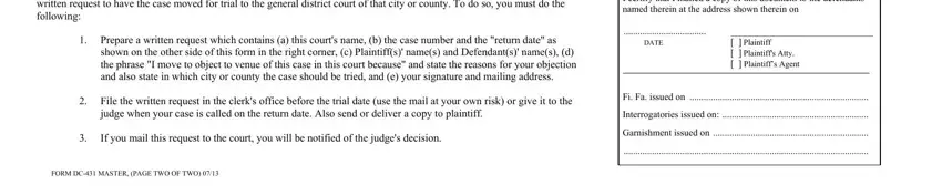 FORM DC MASTER PAGE TWO OF TWO, Interrogatories issued on, and judge when your case is called on of Form Dc 431