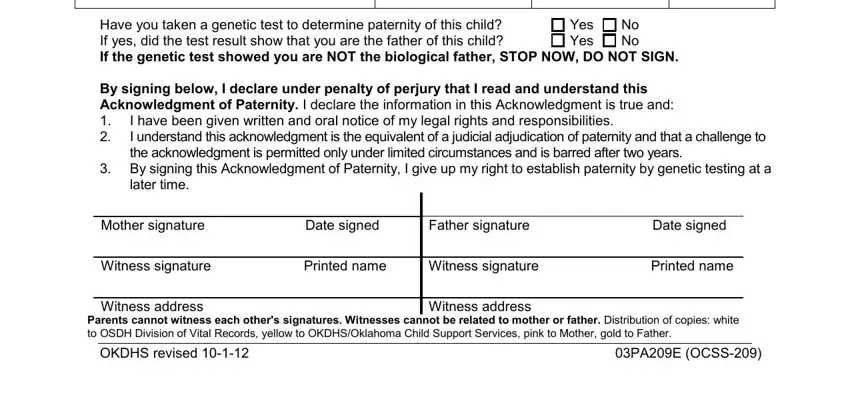 Printed name, Witness signature, and No No inside oklahoma dhs acknowledgement of paternity form