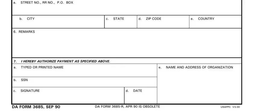 d DATE, a TYPED OR PRINTED NAME, and a STREET NO RR NO PO BOX inside form 3685