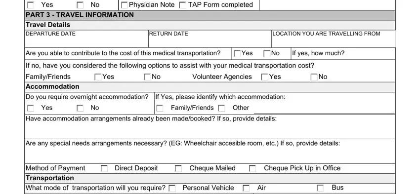 Physician Note, Travel Details DEPARTURE DATE, and PART   TRAVEL INFORMATION of non local medical transportation form hr3320