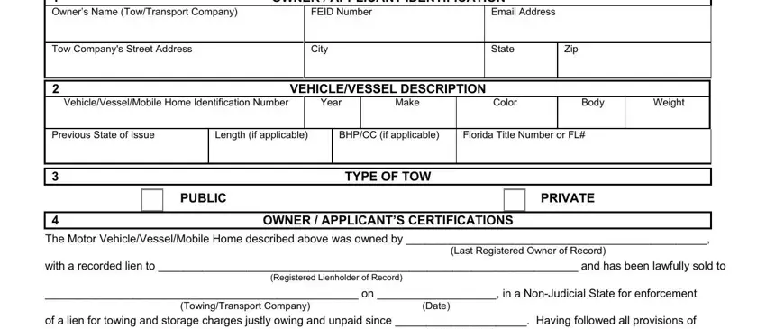 Filling out part 1 of towing certificate