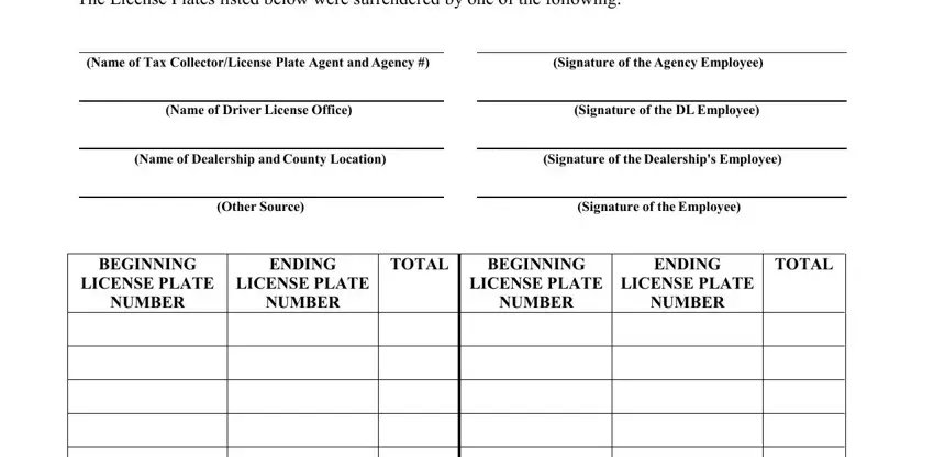Filling out part 1 of state of florida disposal of license plate