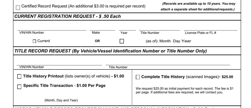 VINHIN Number, Certified Record Request An, and Title Number in form 77096 florida
