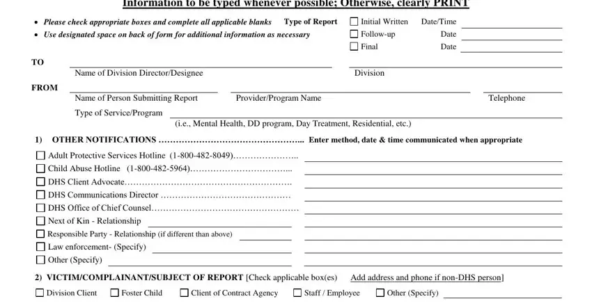 Filling out section 1 in incident report applicable blank