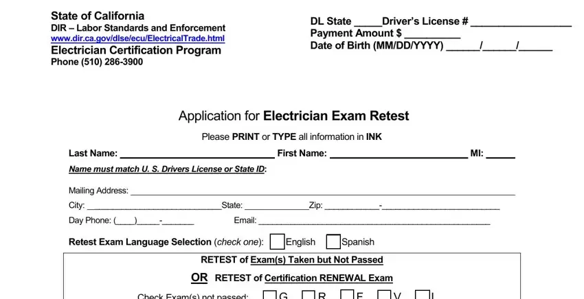 Step no. 1 of filling in california application electrician exam