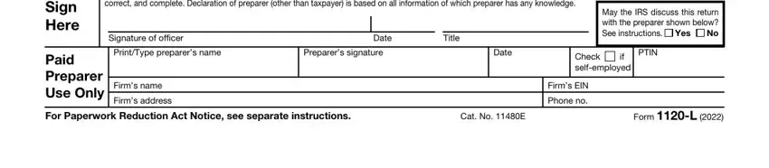Sign Here, Title, and PTIN in Form 1120 L