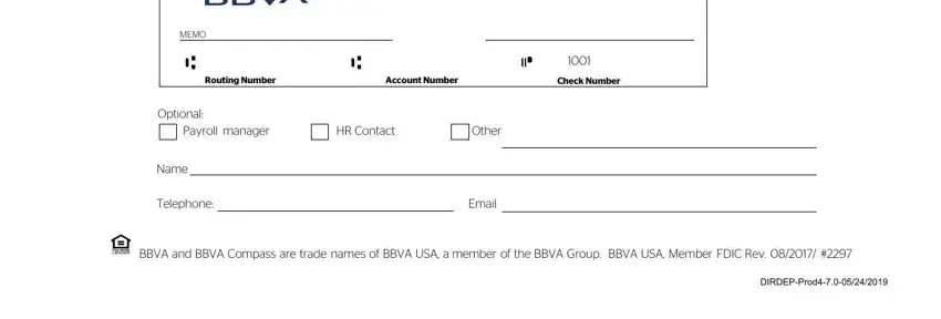 Telephone, Account Number, and HR Contact in deposit direct bbva