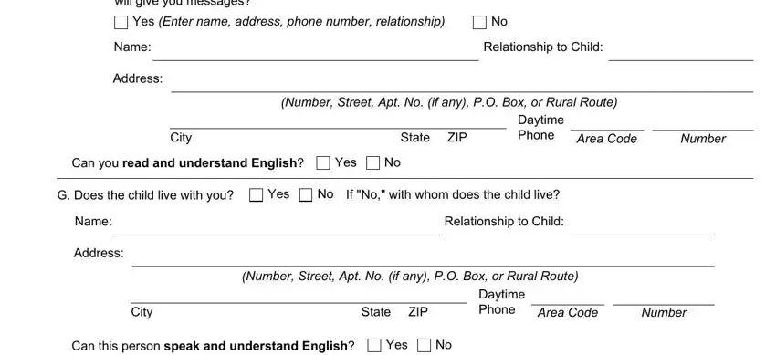 Relationship to Child, G Does the child live with you, and Daytime Phone of form ssa 3820