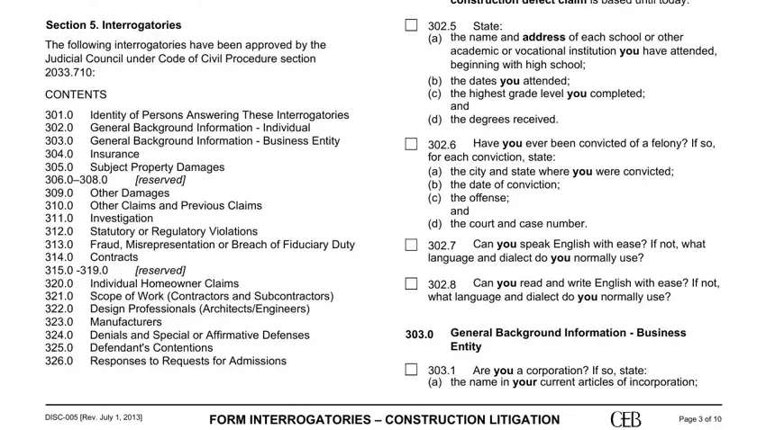 sample construction interrogatories writing process described (step 5)