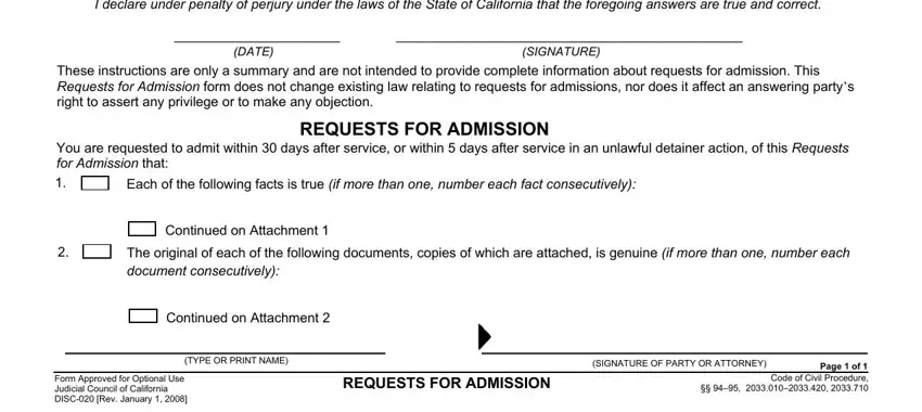 Filling out section 2 of request for admissions california
