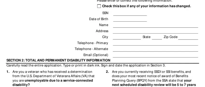 Telephone  Alternate, Name, and Date of Birth inside total and permanent disability discharge