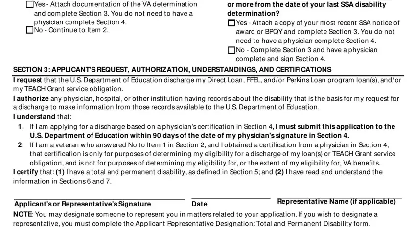 SECTION  APPLICANTS REQUEST, I certify that  I have a total and, and I request that the US Department inside total and permanent disability discharge