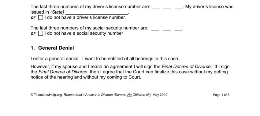 I enter a general denial I want to, I do not have a social security, and Page  of inside answer texas divorce form