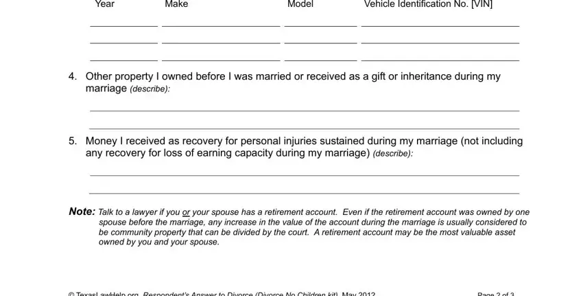 Filling in part 4 in answer texas divorce form
