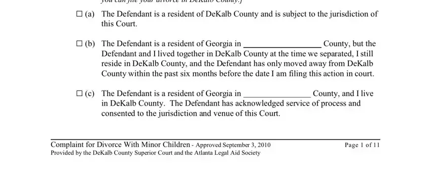 Check only one of the following, Complaint for Divorce With Minor, and G b The Defendant is a resident of inside georgia divorce minor children
