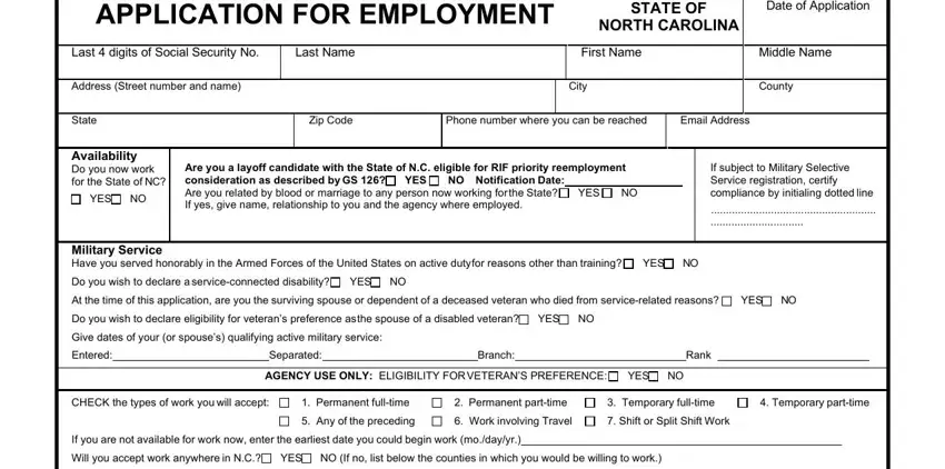 Filling in section 2 of employment application north carolina