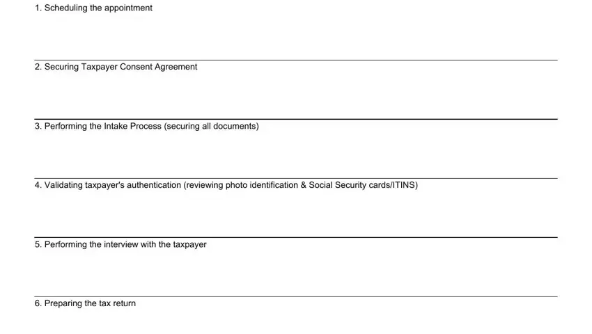 e-mailed Scheduling the appointment, Securing Taxpayer Consent, Performing the Intake Process, Validating taxpayers, Performing the interview with the, and Preparing the tax return fields to complete