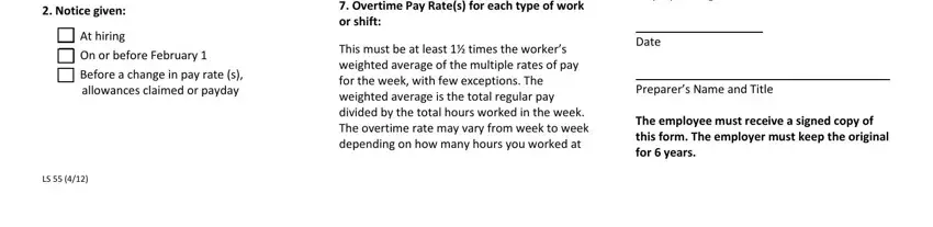 Before a change in pay rate s, allowances claimed or payday, and Overtime Pay Rates for each type inside department of labor wage form nyc ls 55